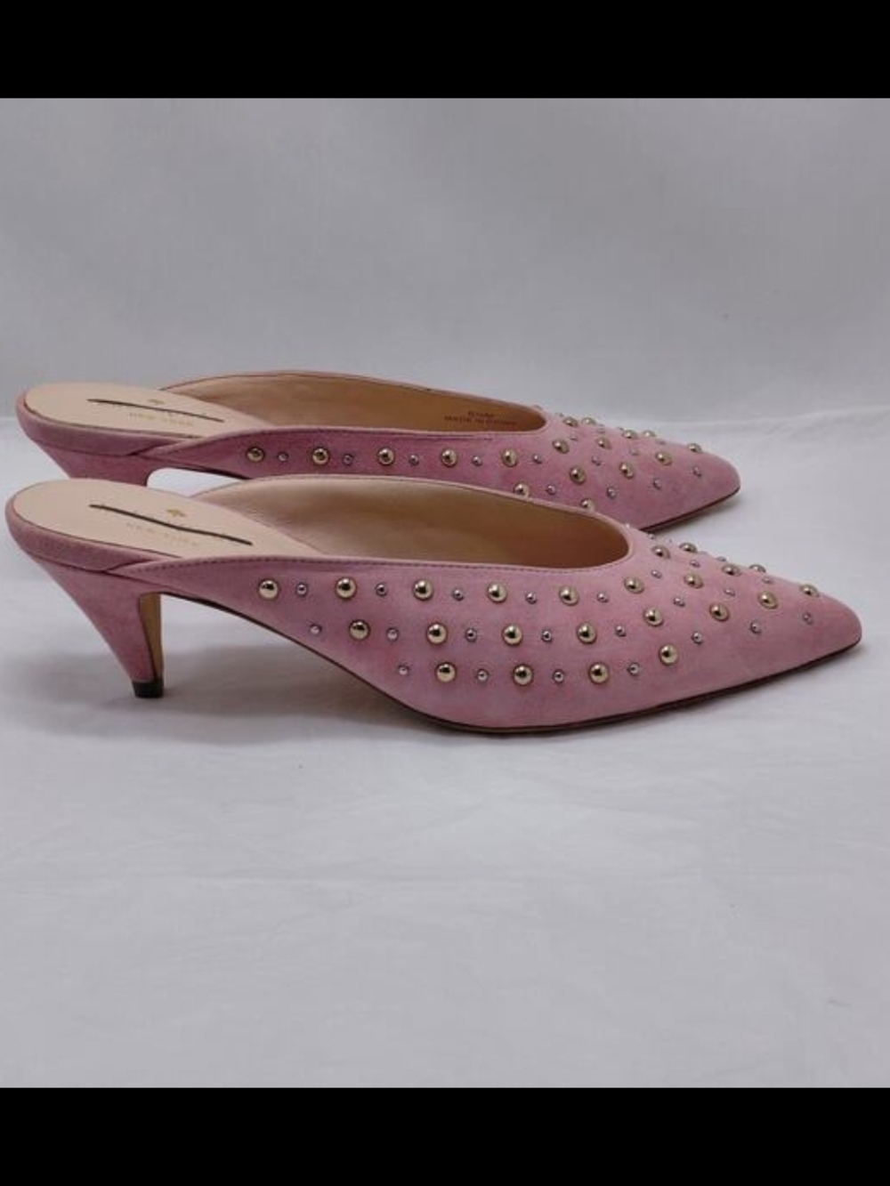 Kate Spade: Pink Suede Pointed-Toe Studded Mules